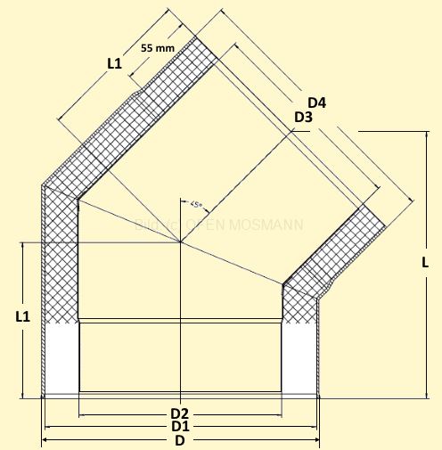 Primus Ofenrohrbogen 45° Maßskizze