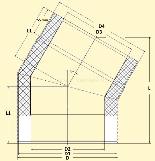 Primus Ofenrohrbogen 30° Maßskizze